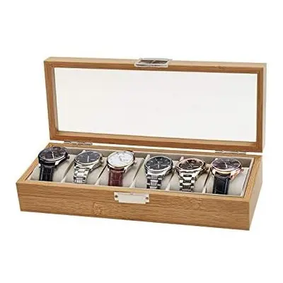 6-Slot Watch Box for Men and Women Wooden Watch Display Case with Glass Lid Watch Storage Organi