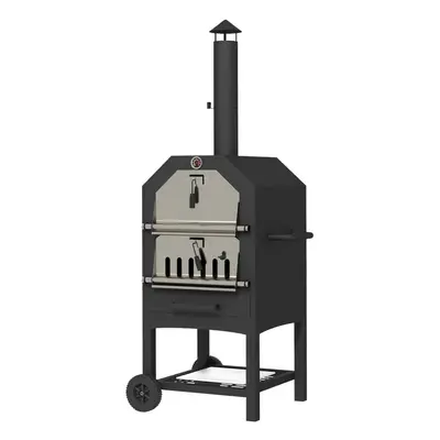 Outsunny Outdoor Pizza Oven Charcoal Grill with Rain Cover, Shelf and Wheels