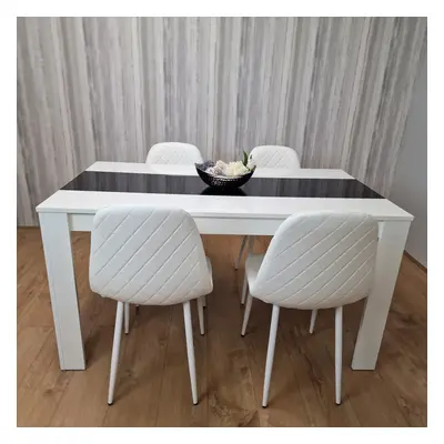 Wooden White Black Dining Table with White Stitched Leather Chairs