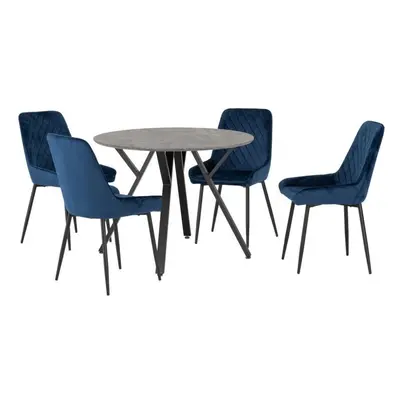 (Sapphire Blue Velvet) Athens Concrete Effect/Black Round Dining Set with Avery Chairs - Table w