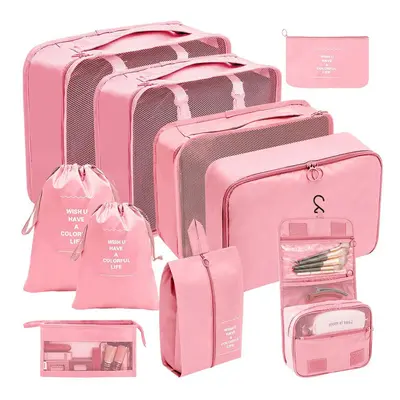 (Ten piece set in pink, suit) Hot Selling Amazon Waterproof Travel Storage Bag Set Of 70-80-90 P