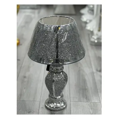 Crushed diamond table lamp in shiny silver with a diamond shade.