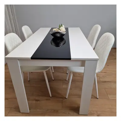 White Black Dining Table Wooden with White Stitched Leather Chairs