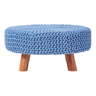 (Blue) Knitted Cotton Footstool with Wooden Legs Large x x cm