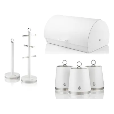 Swan Serenity White Bread Bin Canisters Mug Tree Towel Pole Set