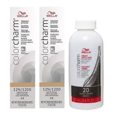 (12N(2)+Dev(Vol.20)3.6oz) Wella Color Charm 12N/1200 High Lift Blonde Permanent Gel Haircolor