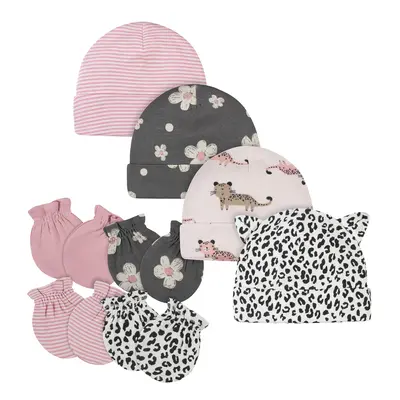 gerber Baby 9-Piece cap and Mitten Sets 8pc Pink Leopard Month