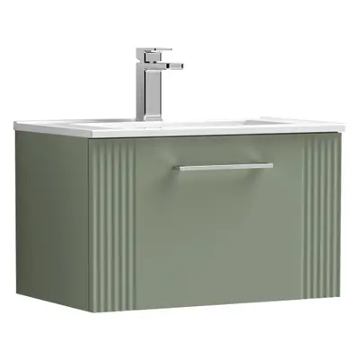 Retro Drawer Wall Hung Vanity Unit with Minimalist Tap Hole Ceramic Basin - 600mm - Satin Green 