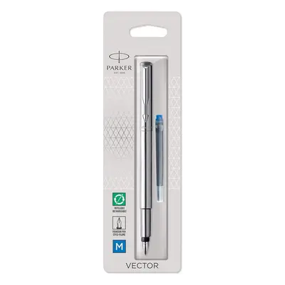 Parker Vector Fountain Pen | Stainless Steel with Chrome Trim | Medium Nib | Blue Ink | Hangtab