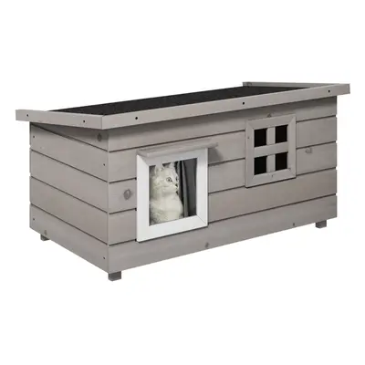 Pawhut Wooden Cat House Outdoor with Openable Top, Asphalt Roof, Window Grey