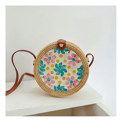 (Shell shoulder bag-pink blue flower) Vietnam Aki Rattan Woven INS Wind Round Color Shell Stitch