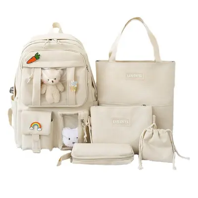 (A White) Kawaii Backpack 5Pcs Set for Student with Cute Bear Accessories - School Bags for Teen