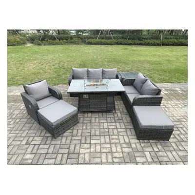 Fimous Garden Patio Furniture Wicker Rattan Gas Fire Pit Table and Sofa Chair set with Side Tabl