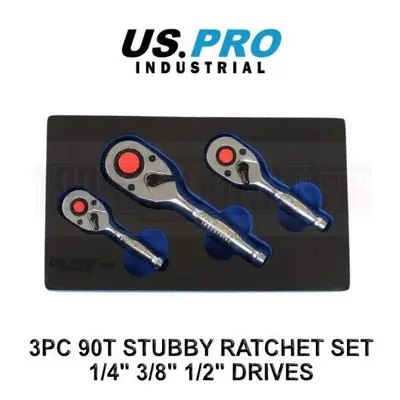 US PRO INDUSTRIAL 3PC Stubby Ratchet Set Tooth 1/4" 3/8" 1/2"Dr Short Wrench