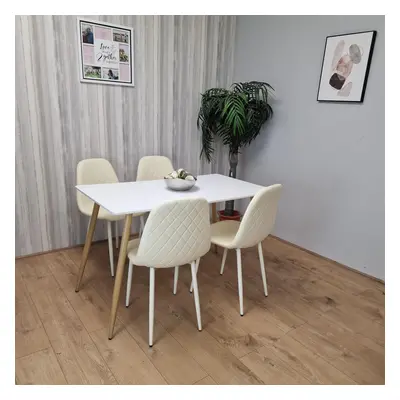 Wooden Dining Table with Cream Gem Patterned Chairs White Table