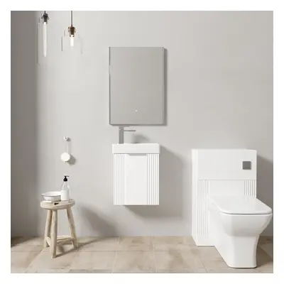 Cloakroom Suite - Fluted Wall Hung Vanity, WC, Toilet and Tap - White/Chrome