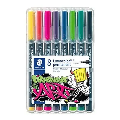 STAEDTLER WP8-1 Lumocolor permanent art markers, desktop box of assorted colours, fine tip