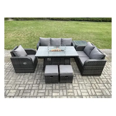 Fimous Garden Patio Furniture Wicker Rattan Gas Fire Pit Table and Sofa Chair set with Side Tabl