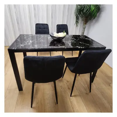 Dining Table and Chairs Black Marble Effect Glass Velvet Black Chairs Dining Room Furniture