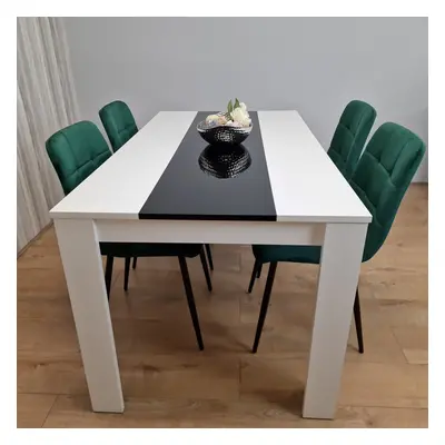 Wooden Dining Table White Black And Tufted Green Velvet Chairs