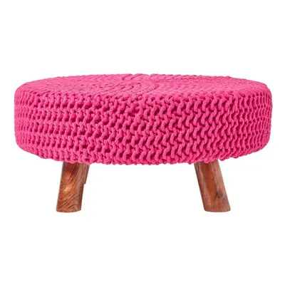 (Hot Pink) Knitted Cotton Footstool with Wooden Legs Large x x cm