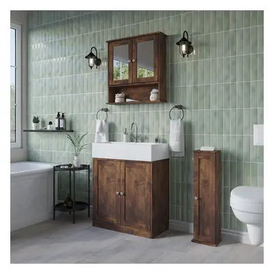 (All Piece - Rustic Brown) Under Sink Cupboard Mirror Unit WC Paper Dispenser