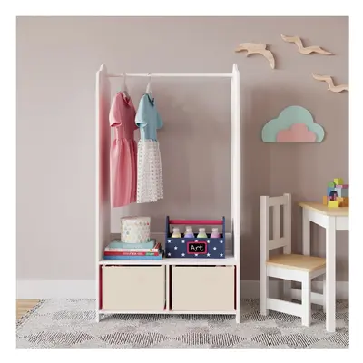 (Cream) MDF Wooden Hanging Clothes Rail Wardrobe Storage