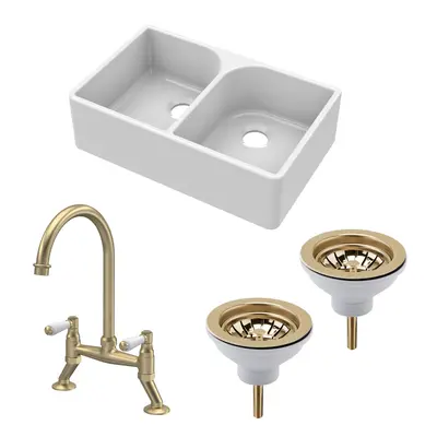 Fireclay Kitchen Bundle - Double Bowl Full Weir Butler Sink No Overflow, Wastes & Tap, 795mm - B