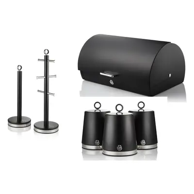 Swan Serenity Black Bread Bin, Canisters, Mug Tree & Towel Pole Set