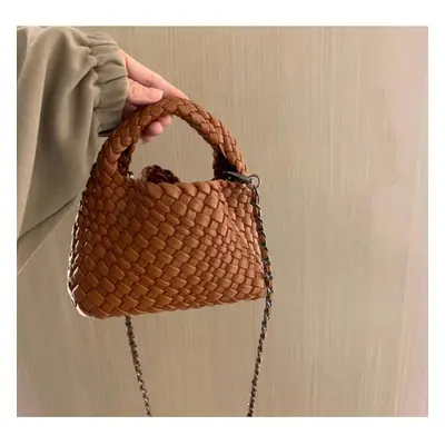 (Brown+pocket+chain) Pure Handmade Woven Small Titt Bag Handbag Female New High -End Mini Chain 