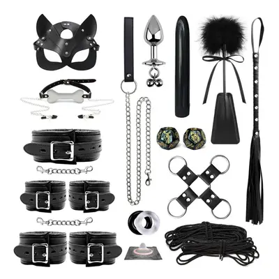 (QY-22pcs-Black) High quality BDSM Genuine Leather Bondage Set Fetish Handcuffs Collar Gag Whip 