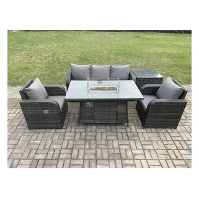 Fimous Outdoor Rattan Garden Furniture Set Propane Gas Fire Pit Table Burner with Lounge Sofa Si