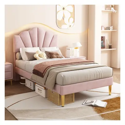 (90*190cm,Single Bed, Pink) Velvet Upholstered Bed, Wooden Slatted Frame