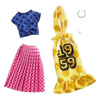 Barbie Clothes -2 Outfits Doll Feature Polka Dots on a Yellow Hoodie Dress a Blue Top and Pink S