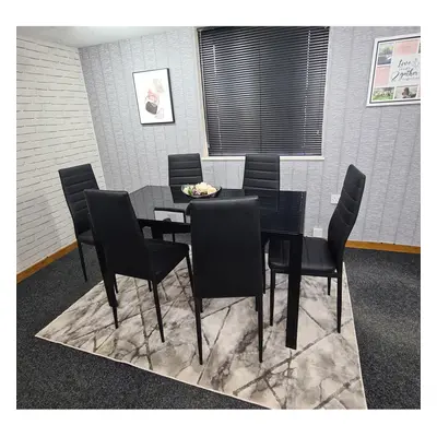 ALL BLACK GLASS DINING TABLE SET AND FAUX LEATHER BLACK CHAIRS