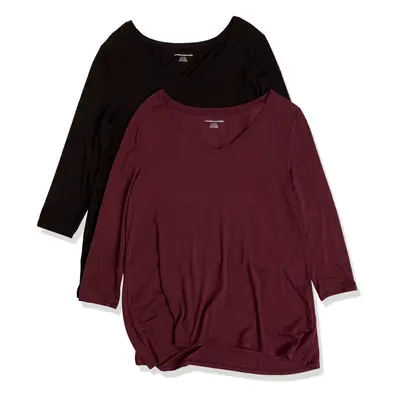 Women's 3/4 Sleeve V-Neck Swing T-Shirt (Available in Plus Size), Pack of 2, Black/Burgundy, XX-