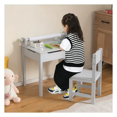 Children's Craft Desk and Chair Set Wooden Toddler Lift-top Table with Paper Roll