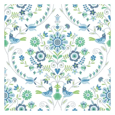 (Blue/Green) Britt Woodland Damask Vinyl Wallpaper Fine Decor