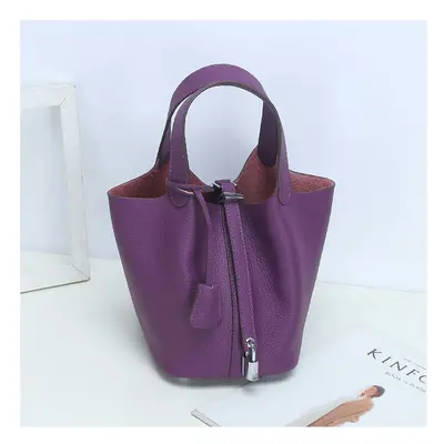 (Purple (head layer cowhide), large) New Litchi Pattern Casual Dish, Bag Leather, Fashion Versat