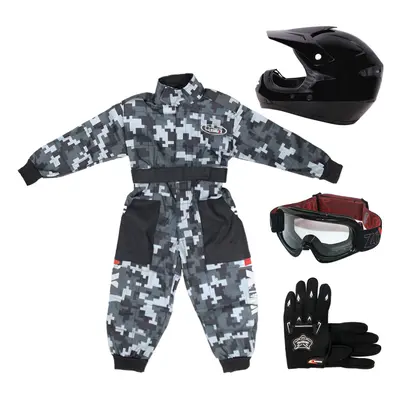 (Gloss Black, S) ZORAX X15 Motorbike Kids Motocross Helmet Karting Gloves Goggles Camo Race Suit