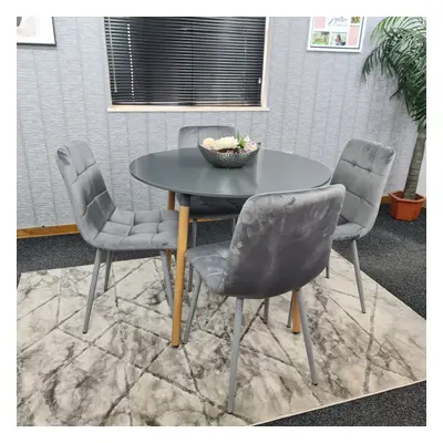 Round Grey Dining Table And Grey Velvet Tufted Chairs Dining Set