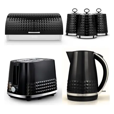 Tower Solitaire Black Kettle Slice Toaster Bread Bin & Canisters Set