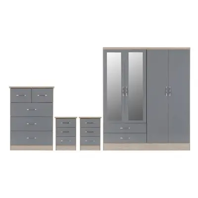 Nevada Piece Grey Gloss Bedroom Set - Door Drawer Mirrored Wardrobe, Drawer Chest & x Drawer Bed