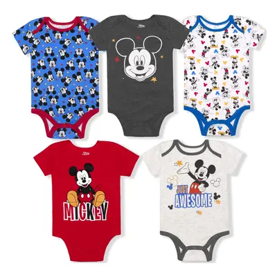 DISNEY Mickey Mouse Boys Pack Bodysuits for Newborn and Infant - Blue/Red/White/Grey