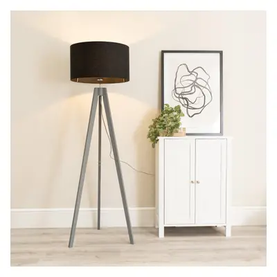 ValueLights Jackson Grey Wood Tripod Floor Lamp with Black Lamp Shade