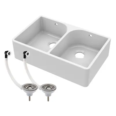 Double Bowl Fireclay Butler Kitchen Sink, Full Weir, Overflows, Wastes, 795mm