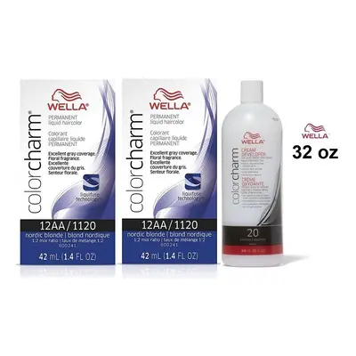 (12AA(2)+Dev(Vol.20)32oz) Wella 12AA Nordic Blonde Color Charm Permanent Liquid Haircolor