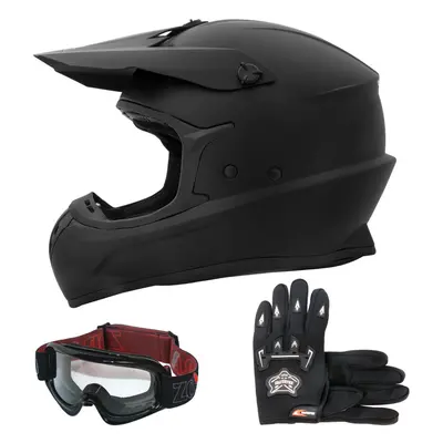 (Matt Black, L) ZORAX X305 Adult MX Motorbike Helmet Dual Sport Motocross + Gloves + Goggles ECE