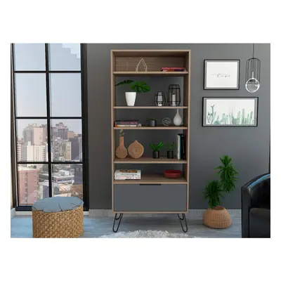 Two Tone Oak Display Grey Tier Tall Bookcase Shelving Storage Unit Oak Finish