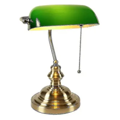 Glass Bankers Desk Lamp With Pull Chain Switch Plug In Fixture (green)